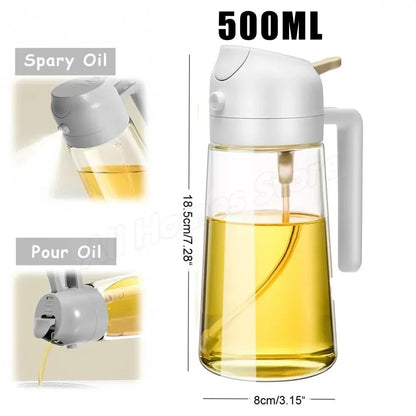 2-in-1 Glass Olive Oil Sprayer and Dispenser Bottle, 500ml Refillable Oil Spray Bottle for Cooking, Air Fryer, BBQ, Salad, Frying and Baking, Food-Grade, Leak-Proof Kitchen Oil Sprayer.