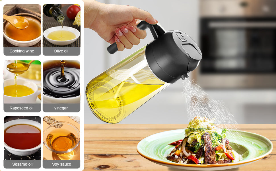 2-in-1 Glass Olive Oil Sprayer and Dispenser Bottle, 500ml Refillable Oil Spray Bottle for Cooking, Air Fryer, BBQ, Salad, Frying and Baking, Food-Grade, Leak-Proof Kitchen Oil Sprayer.