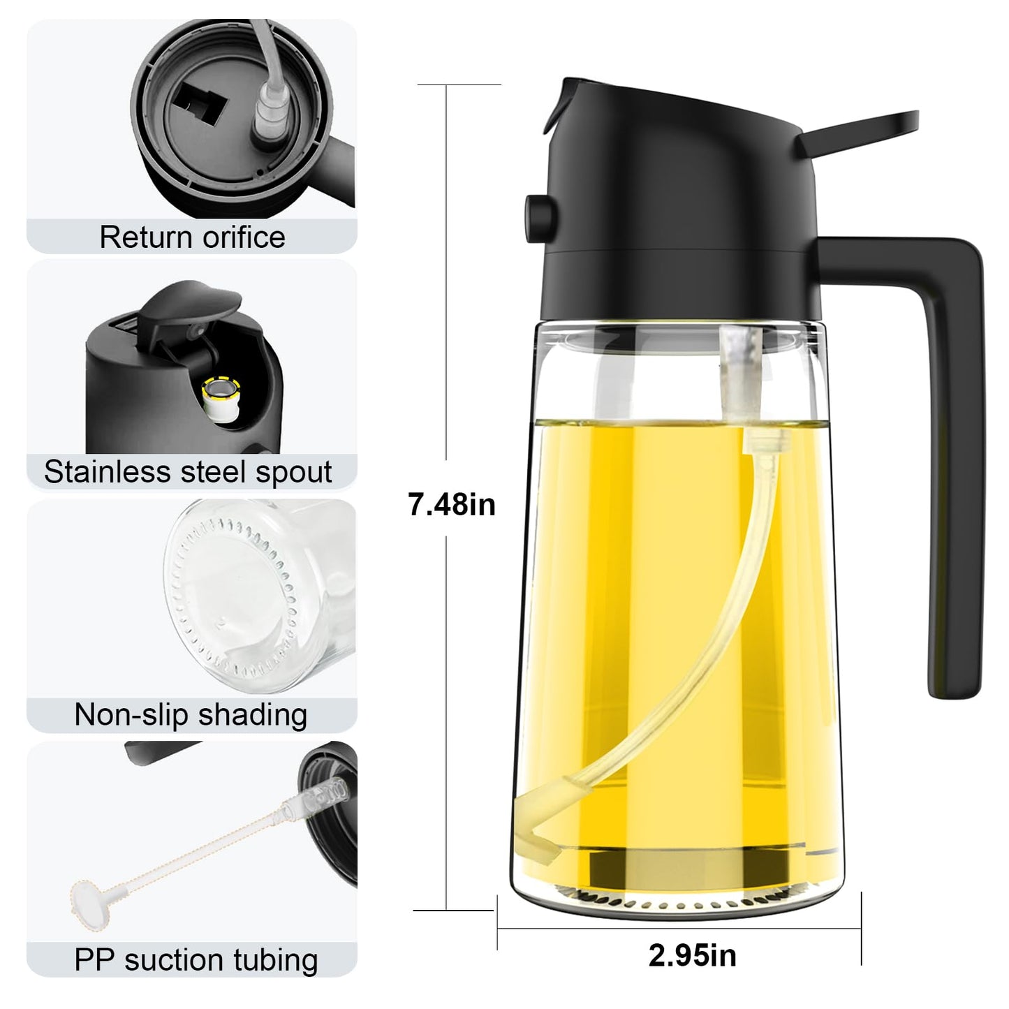 2-in-1 Glass Olive Oil Sprayer and Dispenser Bottle, 500ml Refillable Oil Spray Bottle for Cooking, Air Fryer, BBQ, Salad, Frying and Baking, Food-Grade, Leak-Proof Kitchen Oil Sprayer.