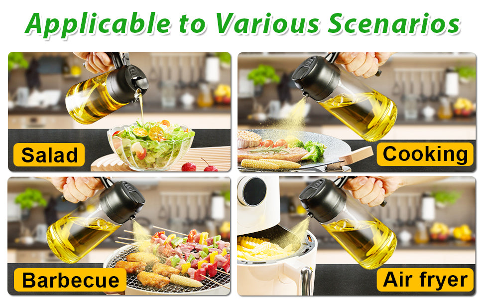 2-in-1 Glass Olive Oil Sprayer and Dispenser Bottle, 500ml Refillable Oil Spray Bottle for Cooking, Air Fryer, BBQ, Salad, Frying and Baking, Food-Grade, Leak-Proof Kitchen Oil Sprayer.