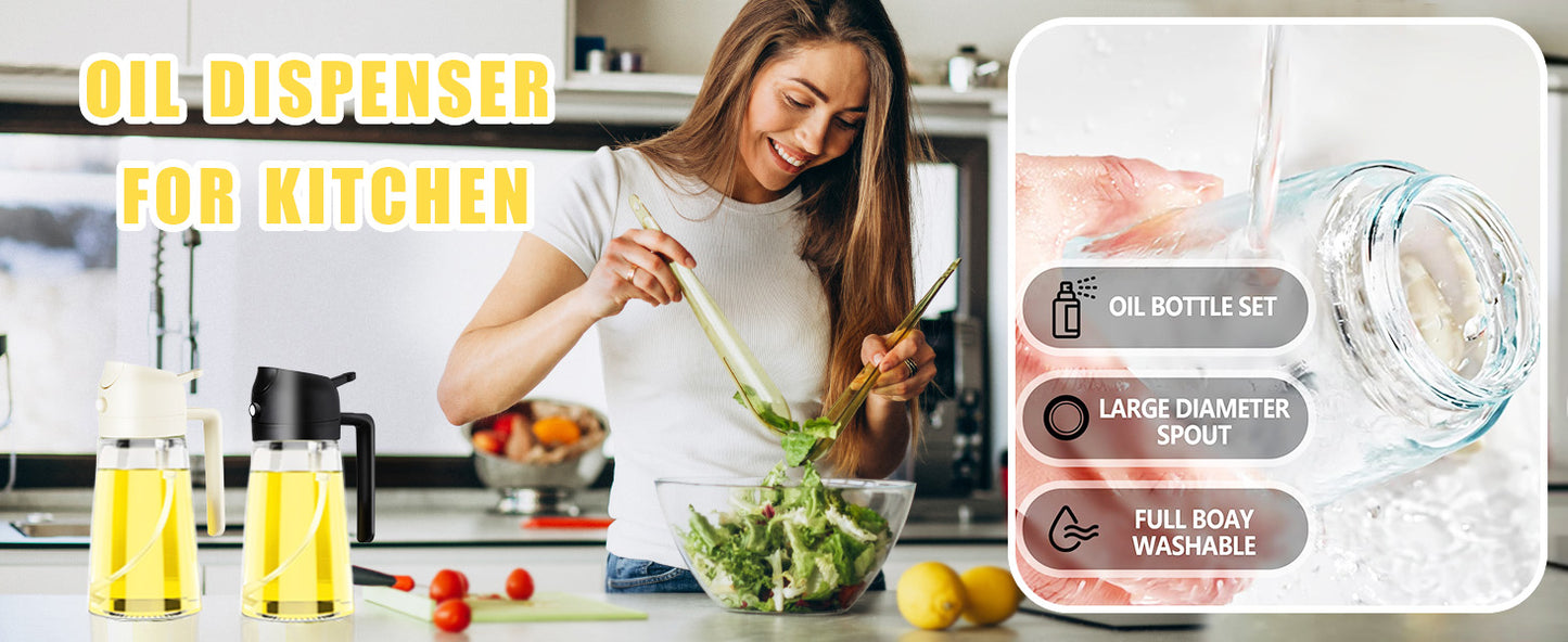 2-in-1 Glass Olive Oil Sprayer and Dispenser Bottle, 500ml Refillable Oil Spray Bottle for Cooking, Air Fryer, BBQ, Salad, Frying and Baking, Food-Grade, Leak-Proof Kitchen Oil Sprayer.
