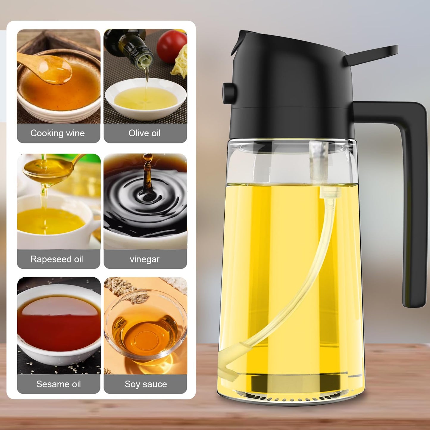 2-in-1 Glass Olive Oil Sprayer and Dispenser Bottle, 500ml Refillable Oil Spray Bottle for Cooking, Air Fryer, BBQ, Salad, Frying and Baking, Food-Grade, Leak-Proof Kitchen Oil Sprayer.