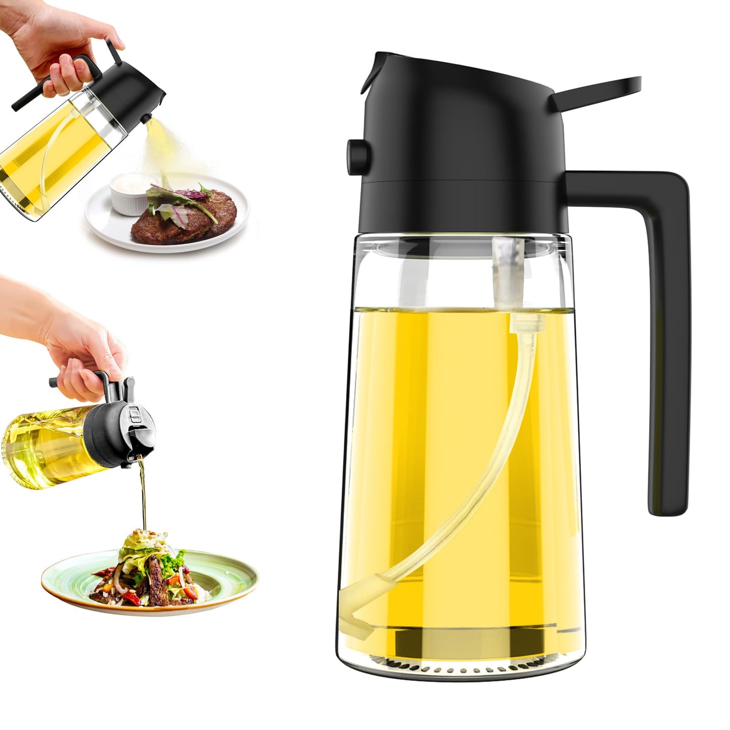 2-in-1 Glass Olive Oil Sprayer and Dispenser Bottle, 500ml Refillable Oil Spray Bottle for Cooking, Air Fryer, BBQ, Salad, Frying and Baking, Food-Grade, Leak-Proof Kitchen Oil Sprayer.