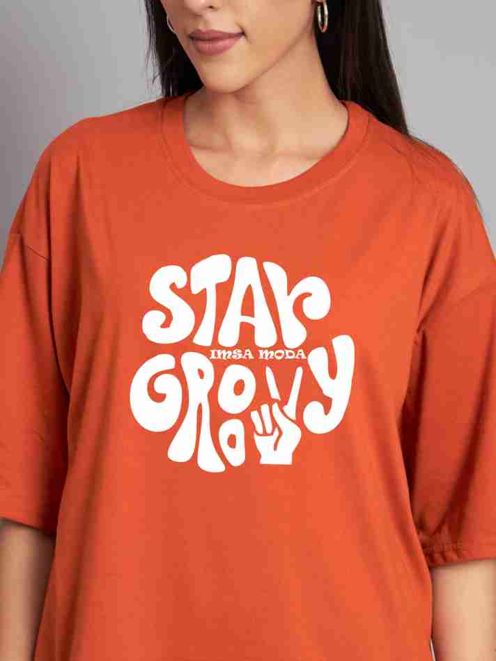 Stay Groovy Typography Printed Drop Shoulder Oversized T-Shirt for Women (Orange) – Trendy Half Sleeve Tee with Classic Round Neck, Soft & Breathable Cotton Blend Fabric for Comfort & Durability. Perfect for a Casual, Comfy, and Stylish Look!