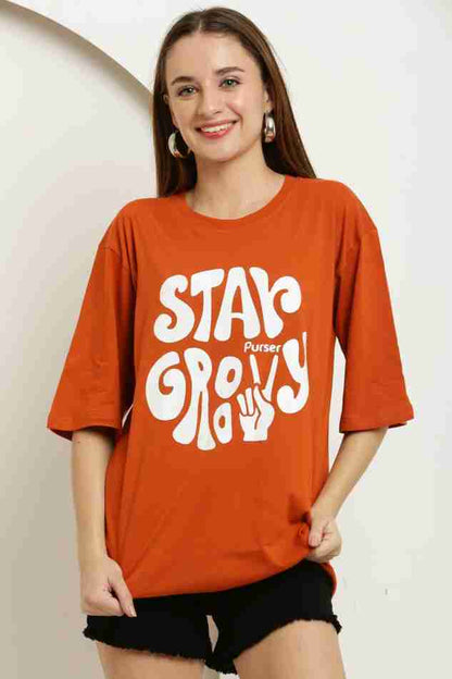 Stay Groovy Typography Printed Drop Shoulder Oversized T-Shirt for Women (Orange) – Trendy Half Sleeve Tee with Classic Round Neck, Soft & Breathable Cotton Blend Fabric for Comfort & Durability. Perfect for a Casual, Comfy, and Stylish Look!