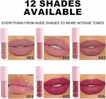 My Handaiyan 12-Color Liquid Lipstick Set – Glittering Matte & Glossy Finish, Highly Pigmented, Waterproof, Smudge-Proof, Long-Lasting 24-Hour Stay, Quick-Drying & Non-Sticky Formula, Nude & Multicolor Shades, Perfect Gift for Women. (2.5ML x 12)