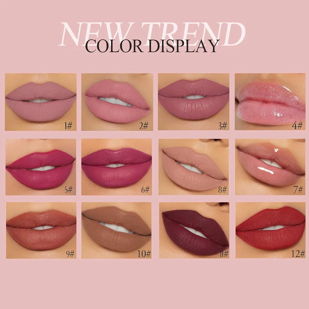 My Handaiyan 12-Color Liquid Lipstick Set – Glittering Matte & Glossy Finish, Highly Pigmented, Waterproof, Smudge-Proof, Long-Lasting 24-Hour Stay, Quick-Drying & Non-Sticky Formula, Nude & Multicolor Shades, Perfect Gift for Women. (2.5ML x 12)