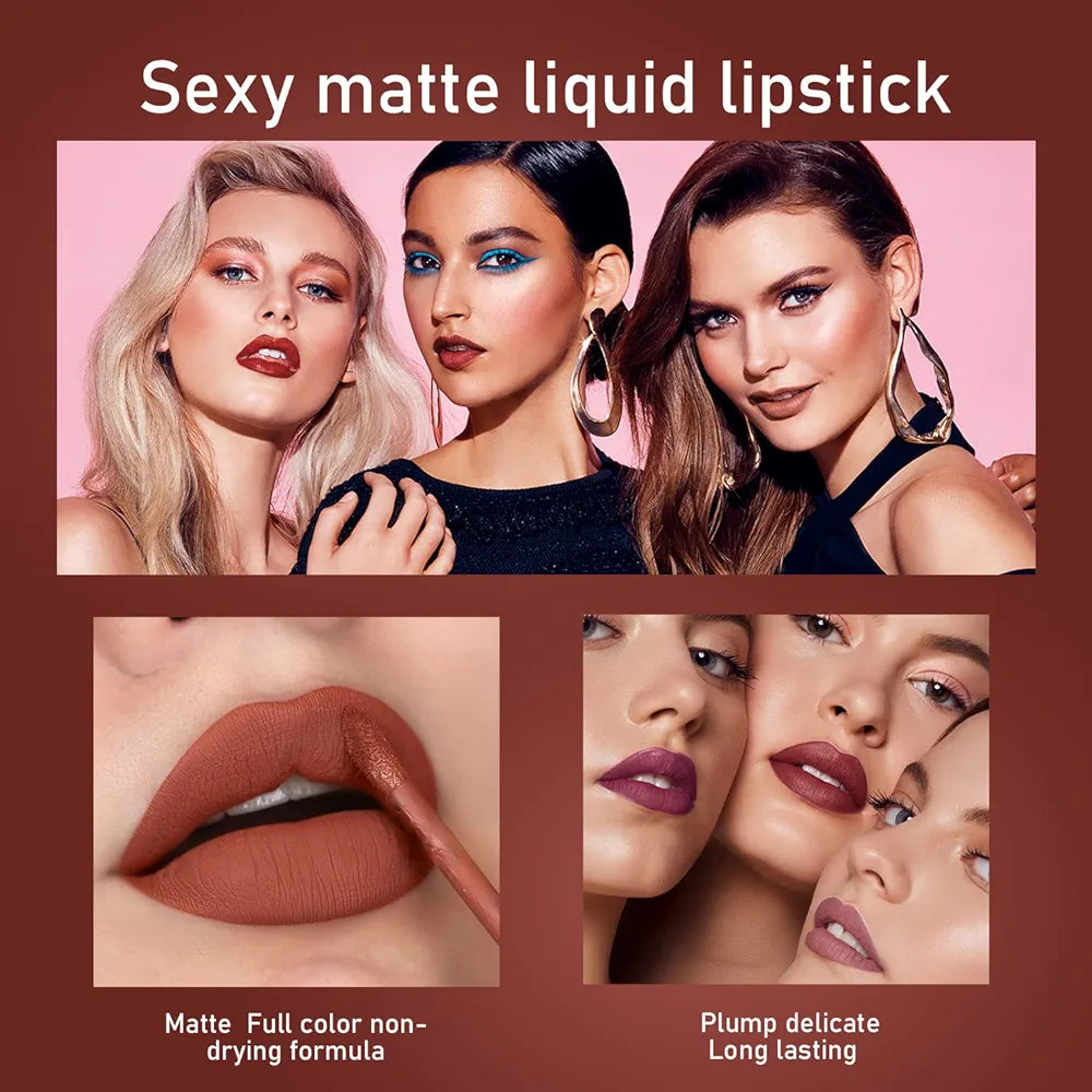 6-Piece Velvet Matte Liquid Lipstick Set with a waterproof, long-lasting, non-sticky formula in stunning nude shades. Quick-drying with up to 24-hour stay, ideal for daily use or as a makeup gift for women, Combo Pack (6 x 3ML each).