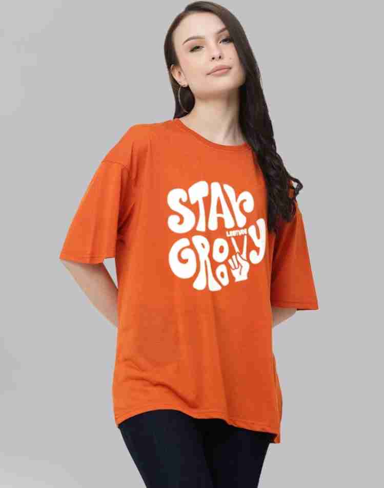 Stay Groovy Typography Printed Drop Shoulder Oversized T-Shirt for Women (Orange) – Trendy Half Sleeve Tee with Classic Round Neck, Soft & Breathable Cotton Blend Fabric for Comfort & Durability. Perfect for a Casual, Comfy, and Stylish Look!