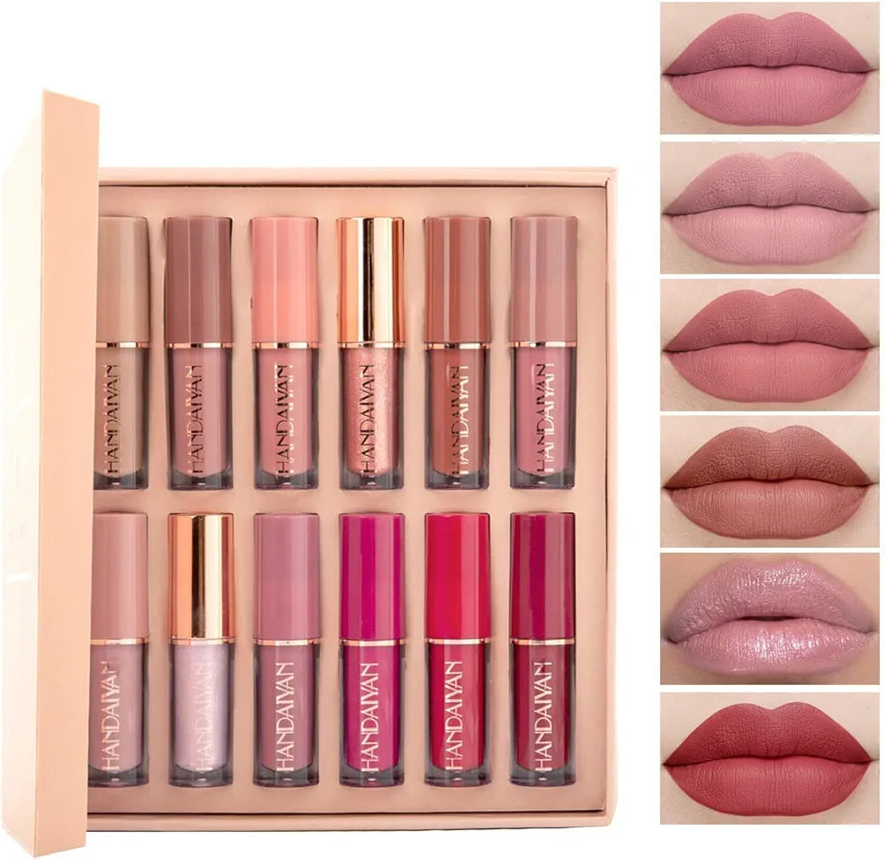 12-Piece Velvet Matte Liquid Lipstick Set with waterproof, long-lasting, non-sticky formula in stunning nude shades. Quick-drying with up to 24-hour stay, ideal for daily use or as a makeup gift for women. (2.5ML X 12)