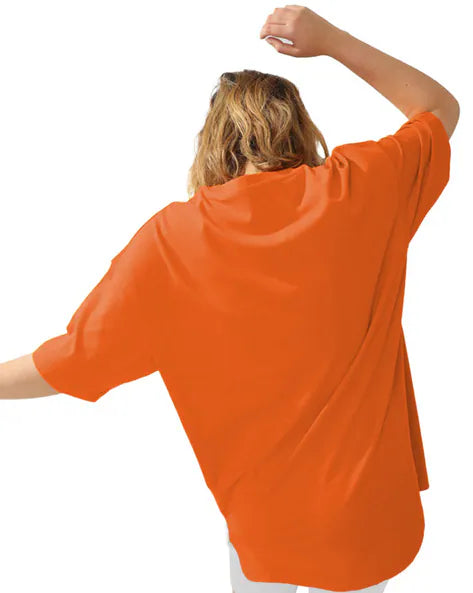 Stay Groovy Typography Printed Drop Shoulder Oversized T-Shirt for Women (Orange) – Trendy Half Sleeve Tee with Classic Round Neck, Soft & Breathable Cotton Blend Fabric for Comfort & Durability. Perfect for a Casual, Comfy, and Stylish Look!