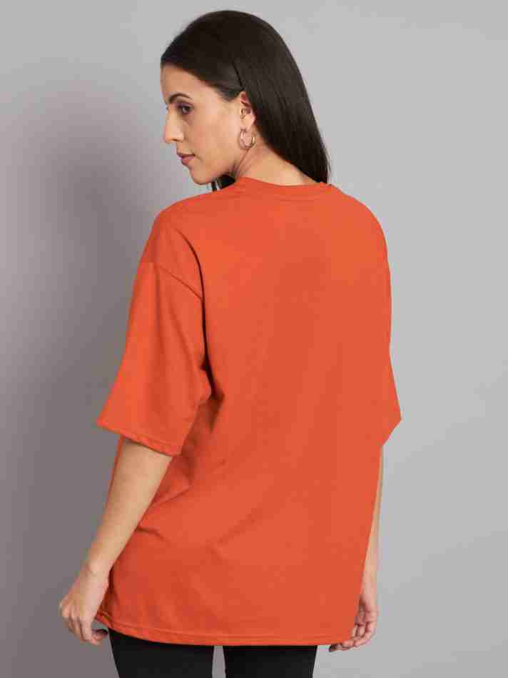 Stay Groovy Typography Printed Drop Shoulder Oversized T-Shirt for Women (Orange) – Trendy Half Sleeve Tee with Classic Round Neck, Soft & Breathable Cotton Blend Fabric for Comfort & Durability. Perfect for a Casual, Comfy, and Stylish Look!