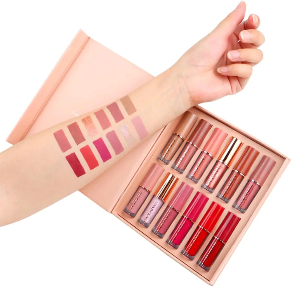 12-Piece Velvet Matte Liquid Lipstick Set with waterproof, long-lasting, non-sticky formula in stunning nude shades. Quick-drying with up to 24-hour stay, ideal for daily use or as a makeup gift for women. (2.5ML X 12)