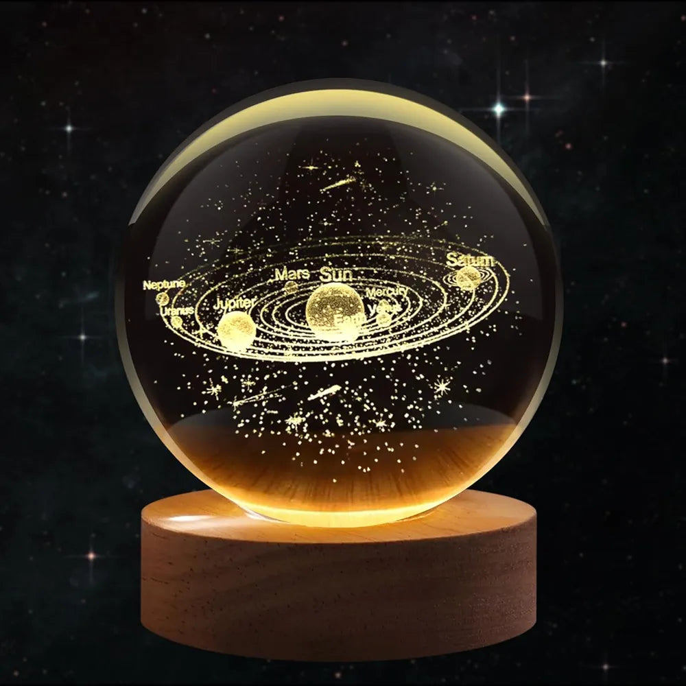 3D Planet Crystal Ball Night Lamp | Solar System LED Light with USB-Powered Glow and Elegant Wooden Base | Unique Home Décor and Perfect Gift for Birthdays, Christmas, Teens, Men, Women, Kids, Boys, and Girls.