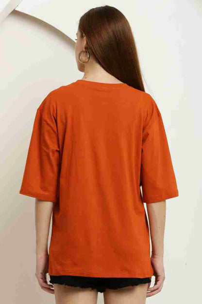Stay Groovy Typography Printed Drop Shoulder Oversized T-Shirt for Women (Orange) – Trendy Half Sleeve Tee with Classic Round Neck, Soft & Breathable Cotton Blend Fabric for Comfort & Durability. Perfect for a Casual, Comfy, and Stylish Look!