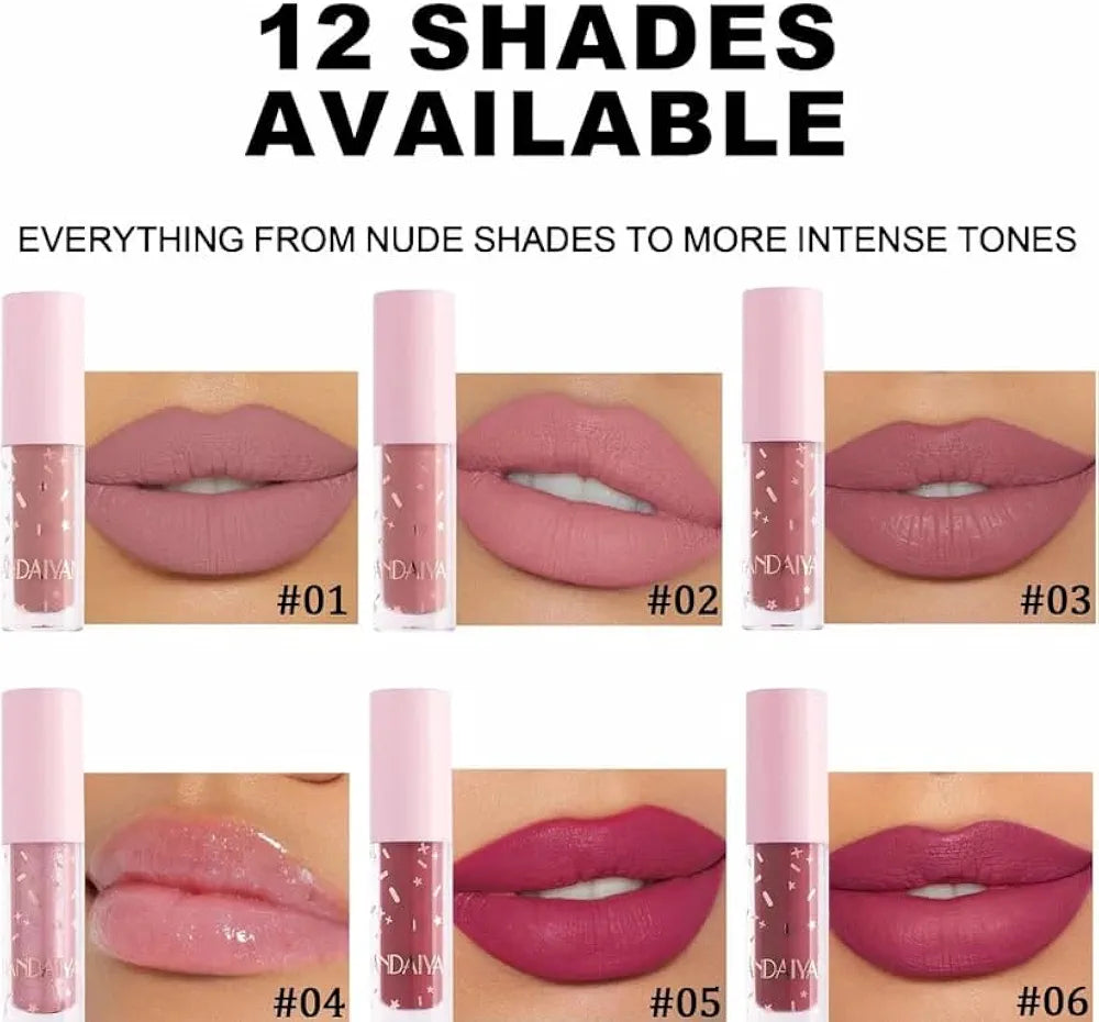 My Handaiyan 12-Color Liquid Lipstick Set – Glittering Matte & Glossy Finish, Highly Pigmented, Waterproof, Smudge-Proof, Long-Lasting 24-Hour Stay, Quick-Drying & Non-Sticky Formula, Nude & Multicolor Shades, Perfect Gift for Women. (2.5ML x 12)