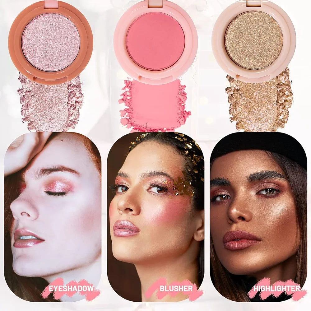 3-in-1 Blusher, Highlighter & Contour Sculpt Palette with Mirror for Women & Girls | Champagne Glow Highlighter with Peach & Rosy Pink Blush Shades | Mini Compact Travel Makeup Kit | Long-Lasting Highly Pigmented Palette for a Fresh, Natural Glowing Look.