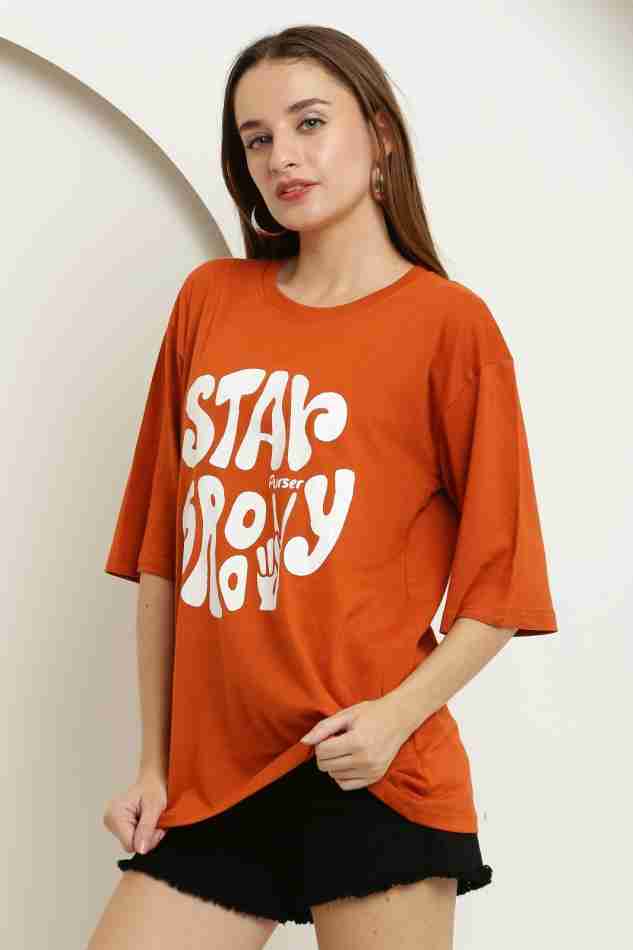 Stay Groovy Typography Printed Drop Shoulder Oversized T-Shirt for Women (Orange) – Trendy Half Sleeve Tee with Classic Round Neck, Soft & Breathable Cotton Blend Fabric for Comfort & Durability. Perfect for a Casual, Comfy, and Stylish Look!