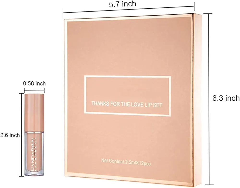 12-Piece Velvet Matte Liquid Lipstick Set with waterproof, long-lasting, non-sticky formula in stunning nude shades. Quick-drying with up to 24-hour stay, ideal for daily use or as a makeup gift for women. (2.5ML X 12)