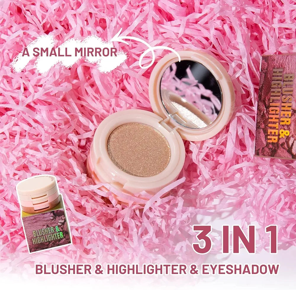 3-in-1 Blusher, Highlighter & Contour Sculpt Palette with Mirror for Women & Girls | Champagne Glow Highlighter with Peach & Rosy Pink Blush Shades | Mini Compact Travel Makeup Kit | Long-Lasting Highly Pigmented Palette for a Fresh, Natural Glowing Look.