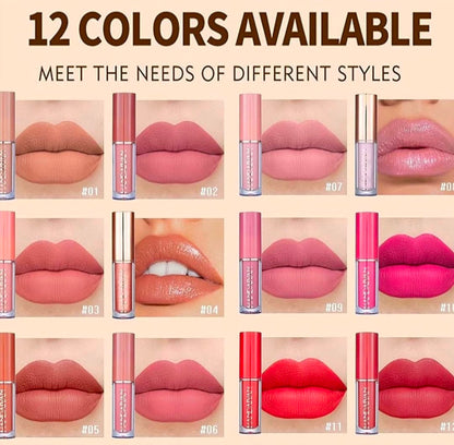 12-Piece Velvet Matte Liquid Lipstick Set with waterproof, long-lasting, non-sticky formula in stunning nude shades. Quick-drying with up to 24-hour stay, ideal for daily use or as a makeup gift for women. (2.5ML X 12)