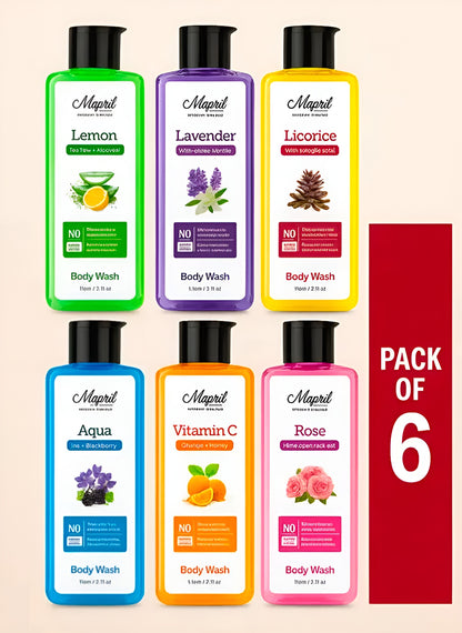 Mapril Premium Body Wash Combo for Women (120 ml Each, Pack of 3) – Enjoy fresh, clean, and glowing skin. Comes with a free loofah. Available in 3 variants: Aqua, Lemon, and Rose. Perfect for daily use!