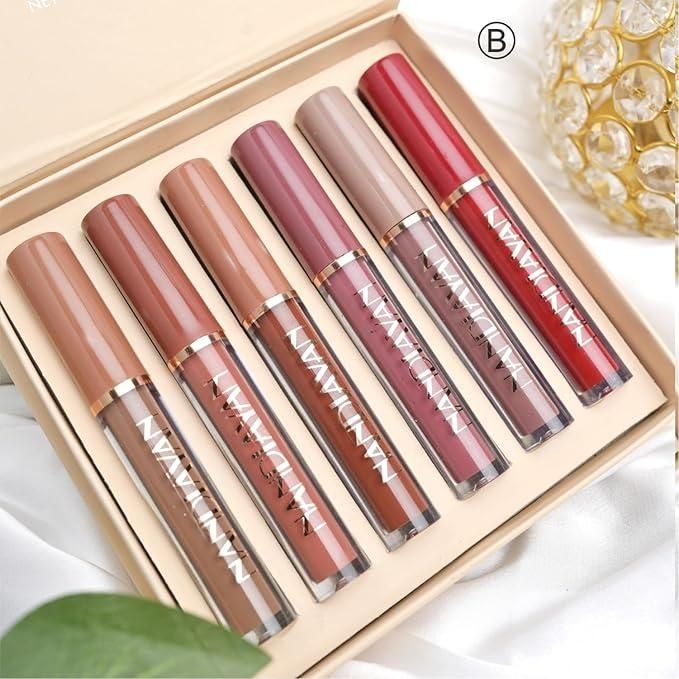 6-Piece Velvet Matte Liquid Lipstick Set with a waterproof, long-lasting, non-sticky formula in stunning nude shades. Quick-drying with up to 24-hour stay, ideal for daily use or as a makeup gift for women, Combo Pack (6 x 3ML each).