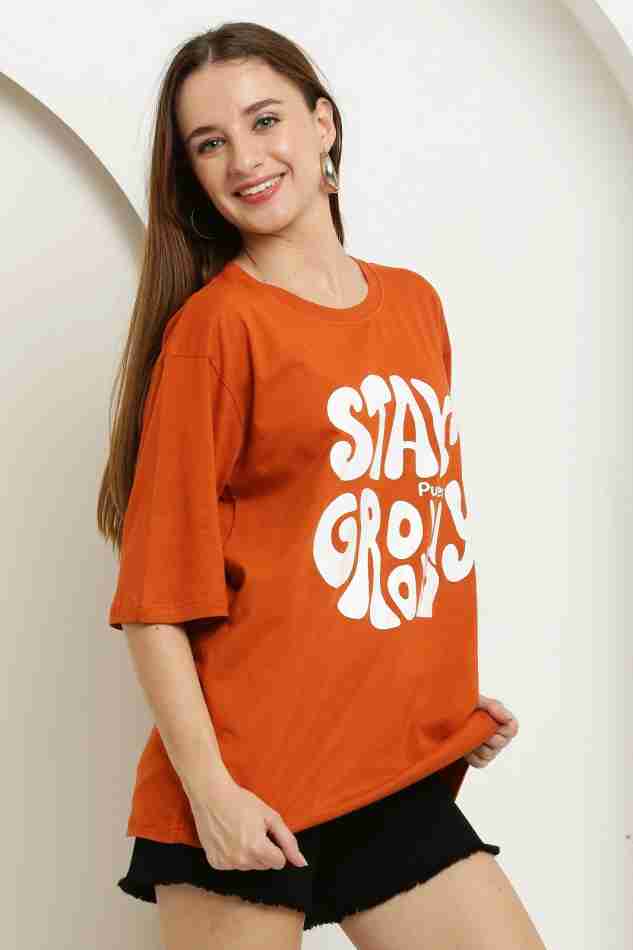 Stay Groovy Typography Printed Drop Shoulder Oversized T-Shirt for Women (Orange) – Trendy Half Sleeve Tee with Classic Round Neck, Soft & Breathable Cotton Blend Fabric for Comfort & Durability. Perfect for a Casual, Comfy, and Stylish Look!