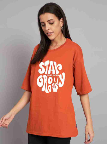 Stay Groovy Typography Printed Drop Shoulder Oversized T-Shirt for Women (Orange) – Trendy Half Sleeve Tee with Classic Round Neck, Soft & Breathable Cotton Blend Fabric for Comfort & Durability. Perfect for a Casual, Comfy, and Stylish Look!