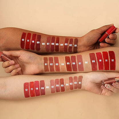 12-Piece Velvet Matte Liquid Lipstick Set with waterproof, long-lasting, non-sticky formula in stunning nude shades. Quick-drying with up to 24-hour stay, ideal for daily use or as a makeup gift for women. (2.5ML X 12)