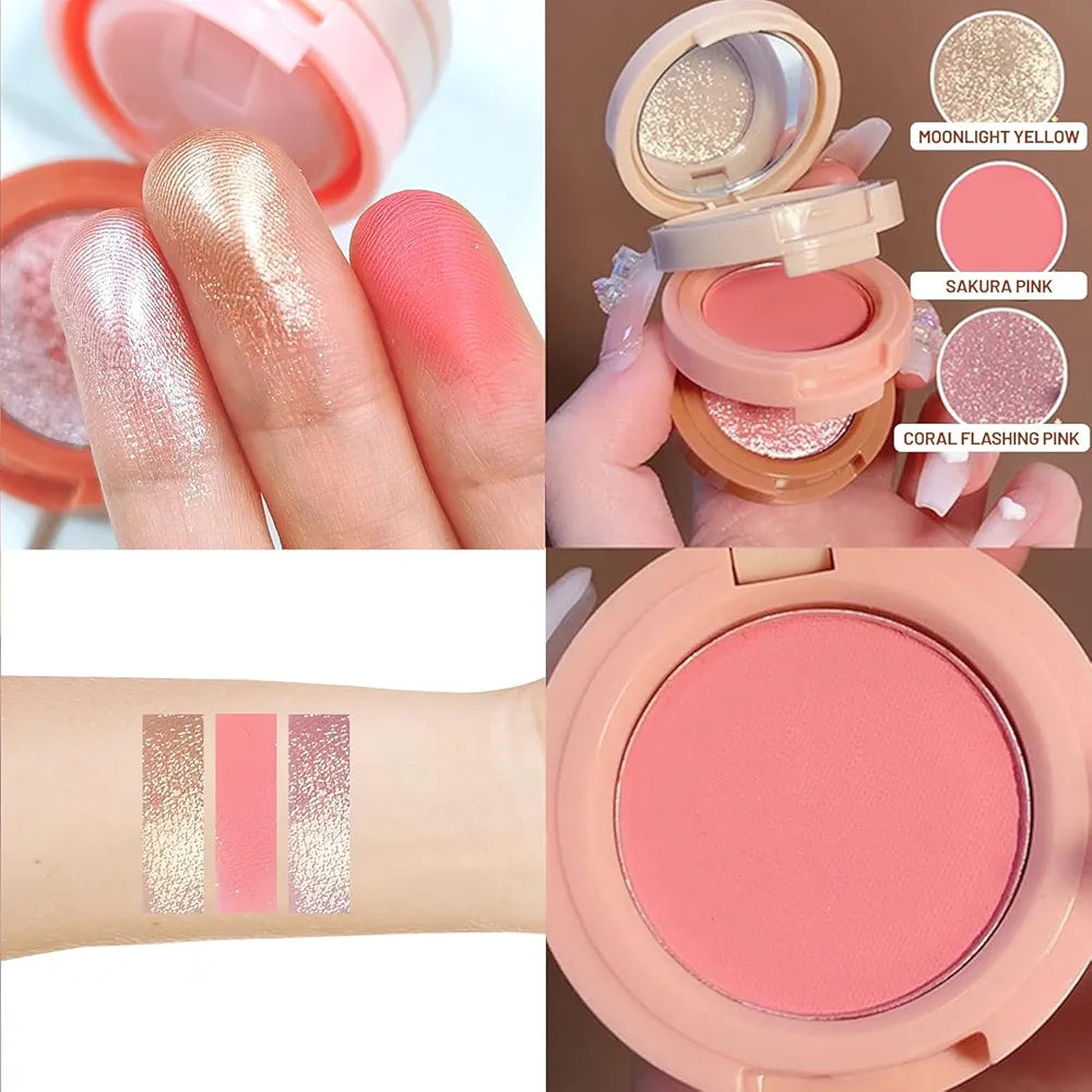 3-in-1 Blusher, Highlighter & Contour Sculpt Palette with Mirror for Women & Girls | Champagne Glow Highlighter with Peach & Rosy Pink Blush Shades | Mini Compact Travel Makeup Kit | Long-Lasting Highly Pigmented Palette for a Fresh, Natural Glowing Look.
