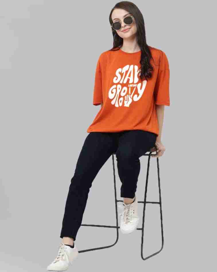 Stay Groovy Typography Printed Drop Shoulder Oversized T-Shirt for Women (Orange) – Trendy Half Sleeve Tee with Classic Round Neck, Soft & Breathable Cotton Blend Fabric for Comfort & Durability. Perfect for a Casual, Comfy, and Stylish Look!