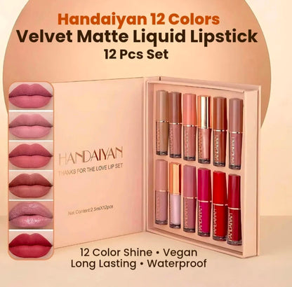 12-Piece Velvet Matte Liquid Lipstick Set with waterproof, long-lasting, non-sticky formula in stunning nude shades. Quick-drying with up to 24-hour stay, ideal for daily use or as a makeup gift for women. (2.5ML X 12)