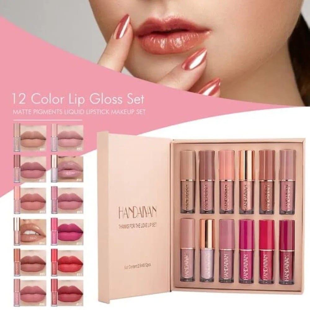 12-Piece Velvet Matte Liquid Lipstick Set with waterproof, long-lasting, non-sticky formula in stunning nude shades. Quick-drying with up to 24-hour stay, ideal for daily use or as a makeup gift for women. (2.5ML X 12)