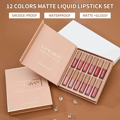 12-Piece Velvet Matte Liquid Lipstick Set with waterproof, long-lasting, non-sticky formula in stunning nude shades. Quick-drying with up to 24-hour stay, ideal for daily use or as a makeup gift for women. (2.5ML X 12)