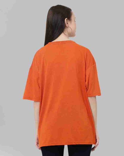 Stay Groovy Typography Printed Drop Shoulder Oversized T-Shirt for Women (Orange) – Trendy Half Sleeve Tee with Classic Round Neck, Soft & Breathable Cotton Blend Fabric for Comfort & Durability. Perfect for a Casual, Comfy, and Stylish Look!
