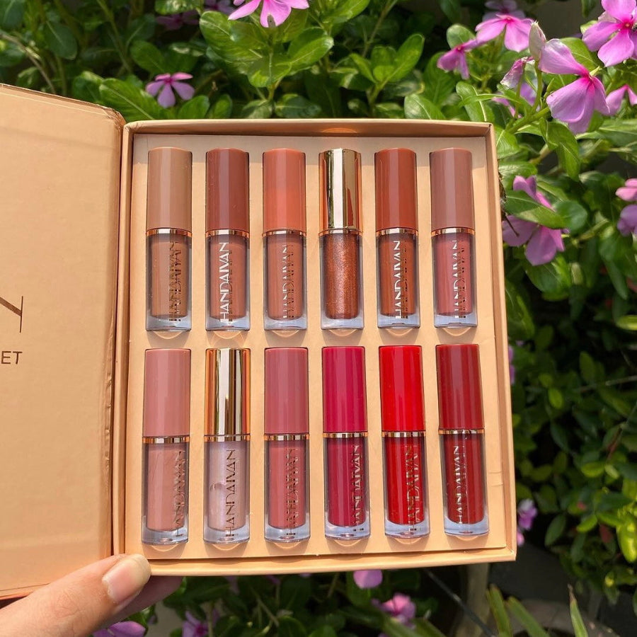 12-Piece Velvet Matte Liquid Lipstick Set with waterproof, long-lasting, non-sticky formula in stunning nude shades. Quick-drying with up to 24-hour stay, ideal for daily use or as a makeup gift for women. (2.5ML X 12)