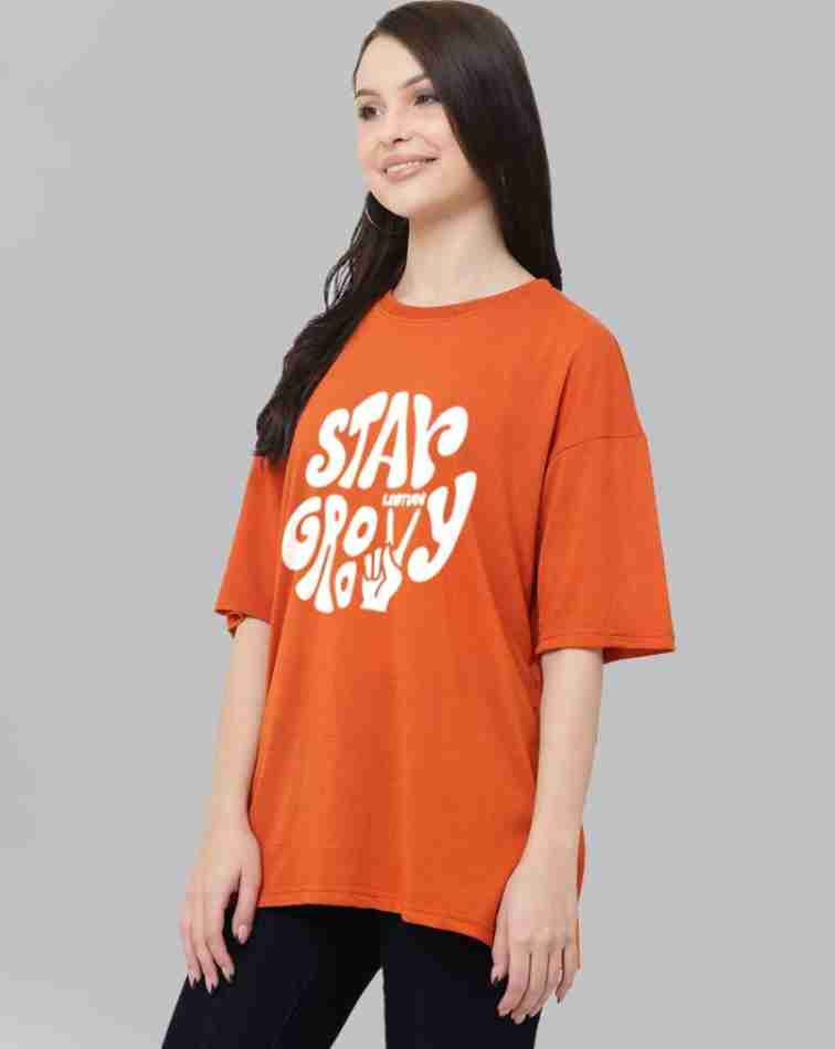 Stay Groovy Typography Printed Drop Shoulder Oversized T-Shirt for Women (Orange) – Trendy Half Sleeve Tee with Classic Round Neck, Soft & Breathable Cotton Blend Fabric for Comfort & Durability. Perfect for a Casual, Comfy, and Stylish Look!