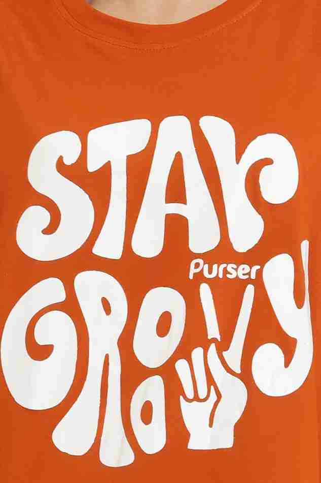 Stay Groovy Typography Printed Drop Shoulder Oversized T-Shirt for Women (Orange) – Trendy Half Sleeve Tee with Classic Round Neck, Soft & Breathable Cotton Blend Fabric for Comfort & Durability. Perfect for a Casual, Comfy, and Stylish Look!