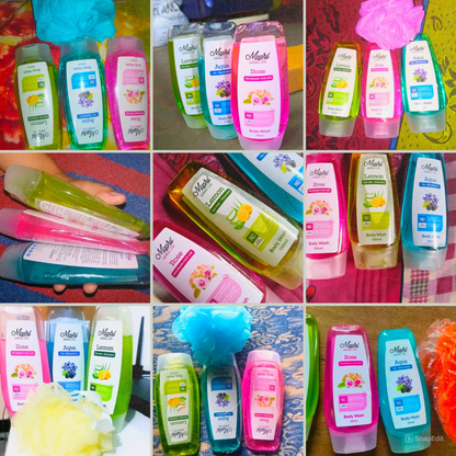 Mapril Premium Body Wash Combo for Women (120 ml Each, Pack of 3) – Enjoy fresh, clean, and glowing skin. Comes with a free loofah. Available in 3 variants: Aqua, Lemon, and Rose. Perfect for daily use!